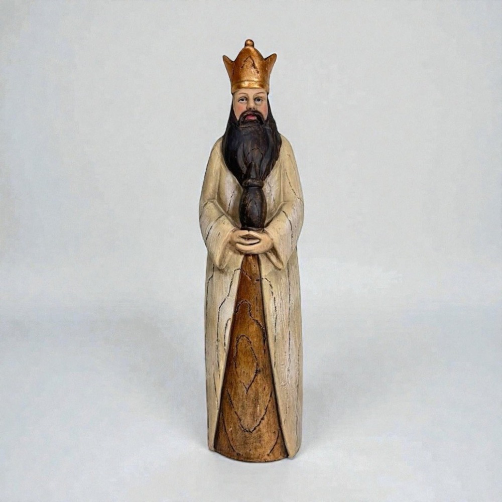 Melchior Wiseman 10.5" in Antique White/Gold Carved Wood For Nativity Set‎